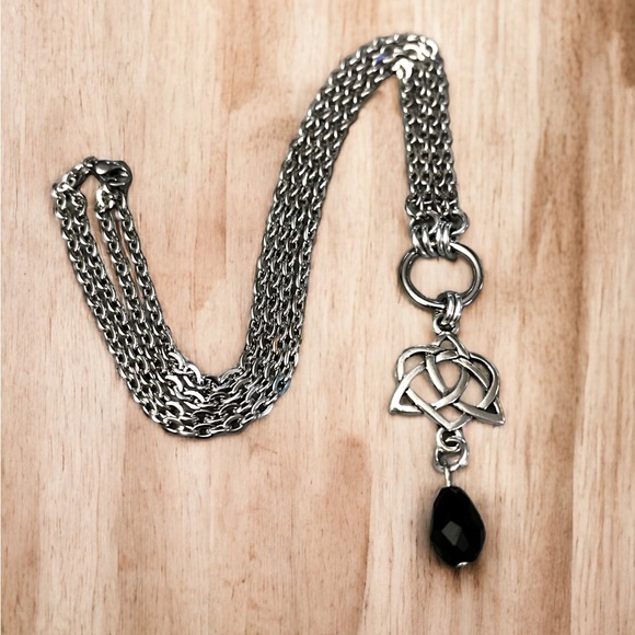 Double chain necklace celtic heart knot & dangly black crystal goth boho silver - Picture 6 of 9
